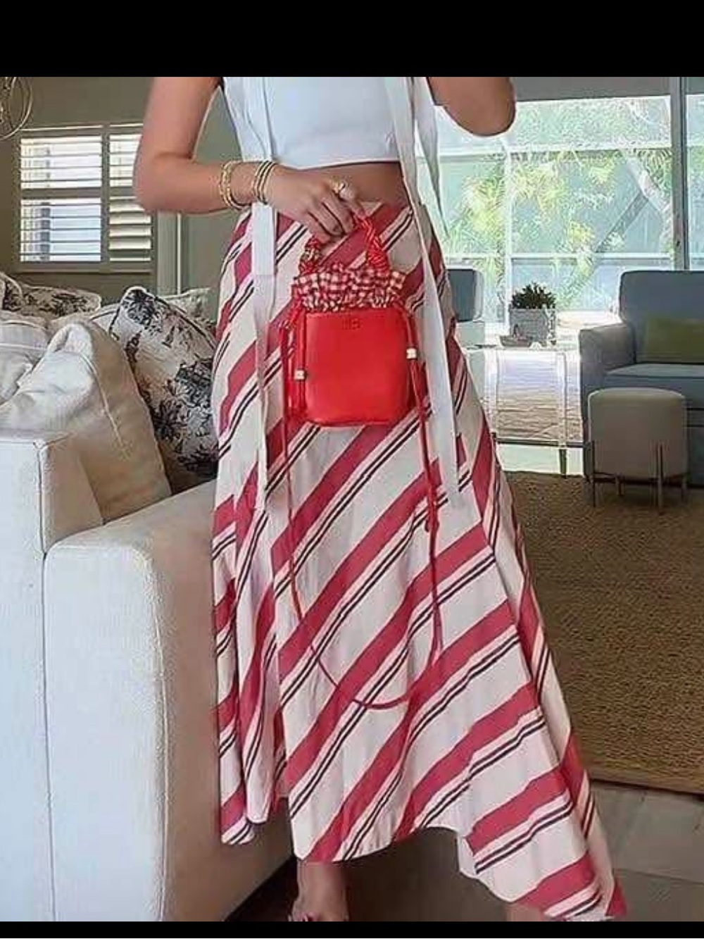 Zara Red & White High-Low Striped Maxi Skirt